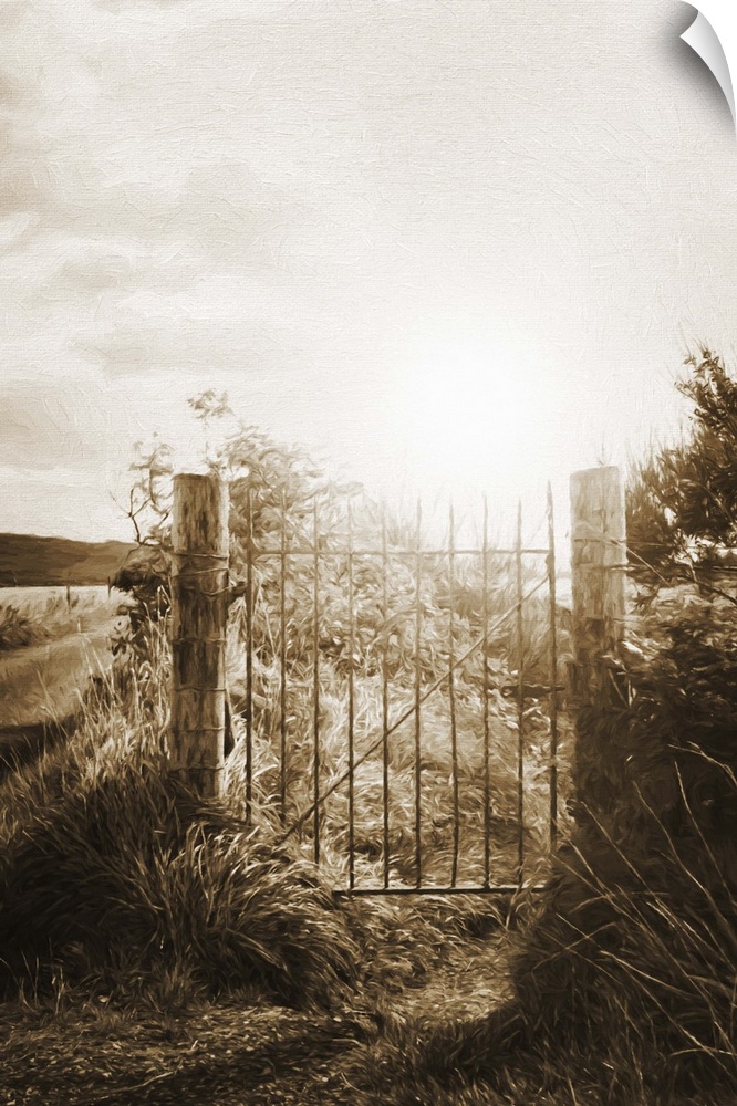 A photograph of a gate fence gate silhouetted by a rising sun.