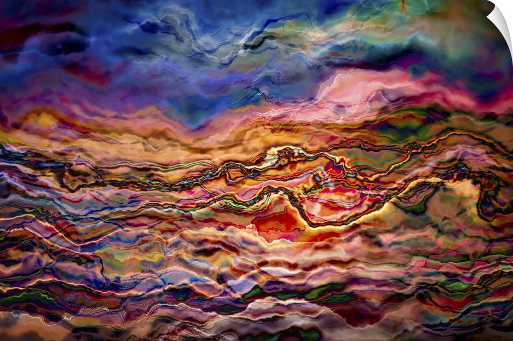 Abstract photograph of wild shaking layers in pink and blue.