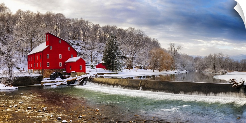 Red Gristmill in Snowy Landscape , Clinton, Hunterdon County, New Jersey, USA.
