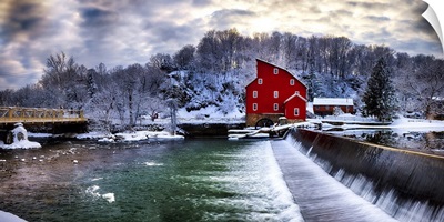Winter Lanscape Of A Red Gristmill And Waterfall, New Jersey
