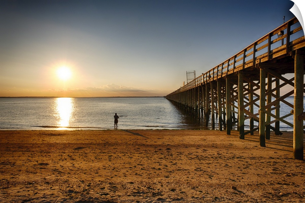 Wooden Pier Perspective at Sunset, Keansburg, New Jersey, USA.