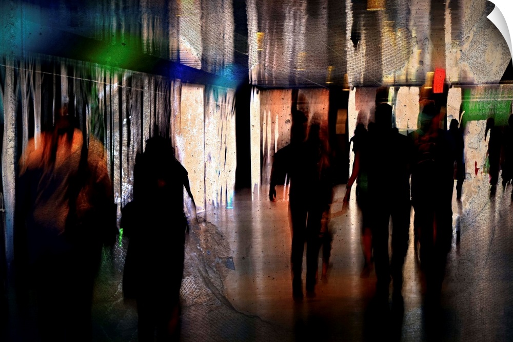 Artistic photograph of silhouetted figures walking.