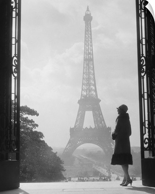1920's Anonymous Silhouetted Woman Standing Across From The Eiffel Tower Paris France