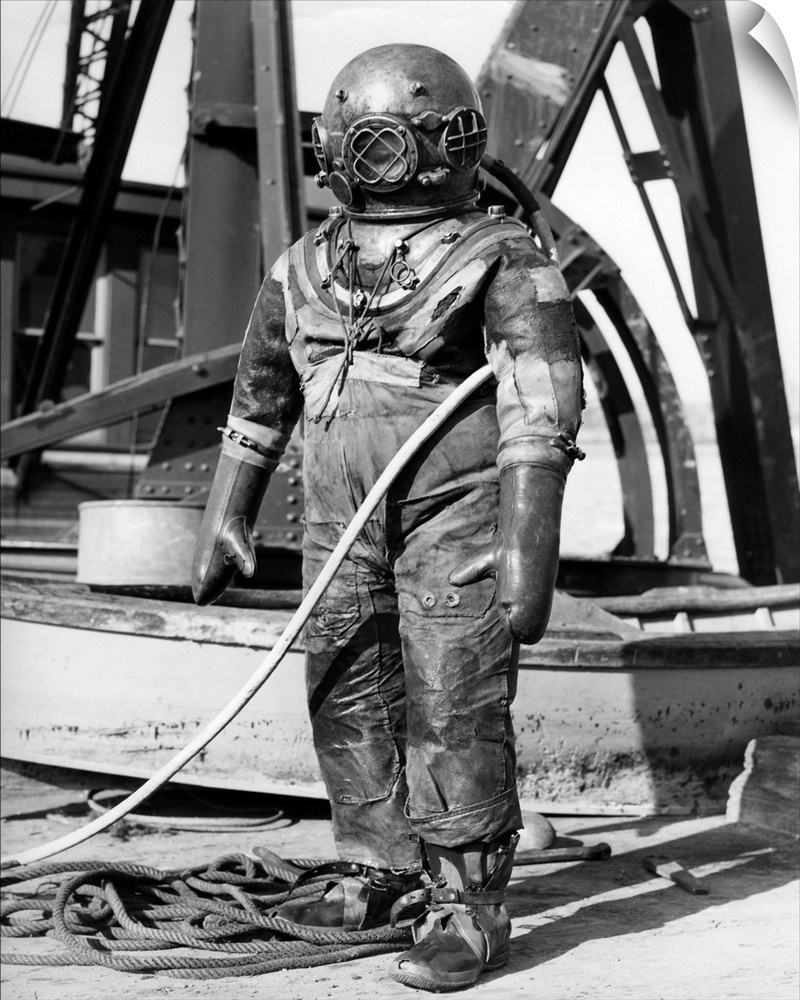 1930s 1940s Full Figure Of Man In Underwater Hard Hat Deep Sea Diving Suit.