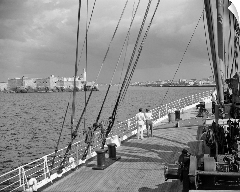 1930's 1940's Two Men On Deck Of Steamer Ship Coming Into Havana