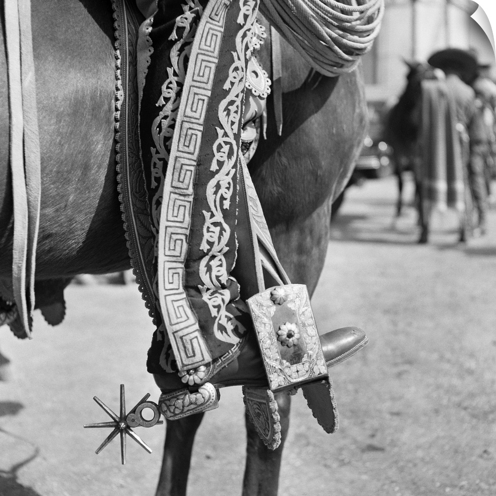 1930's Detail Of Traditional Charro Cowboy Costume Embroidered Chaps Spurs Leather Boots In Horses Stirrup Mexico.