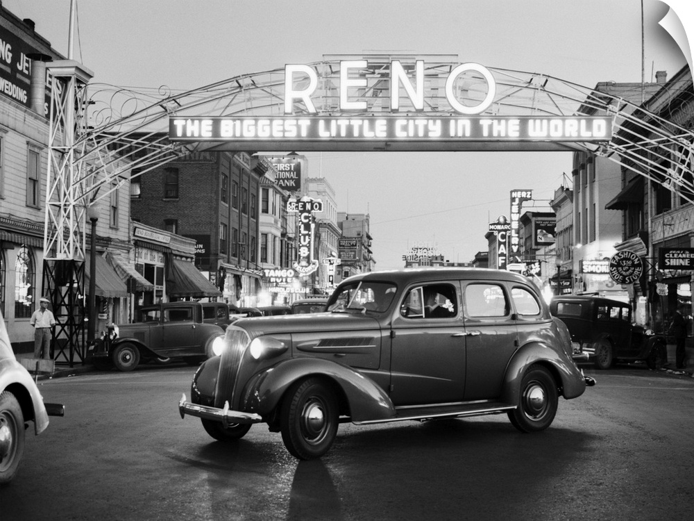 1930's Night Of Arch Over Main Street Reno Nevada Neon Sign The Biggest Little City In The World.