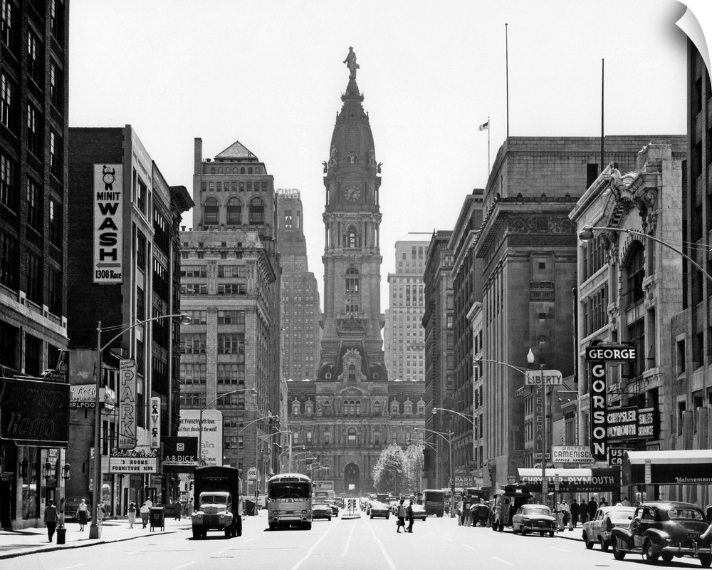 1950's Downtown Philadelphia Pa USA Looking South Down North Broad Street At City Hall.