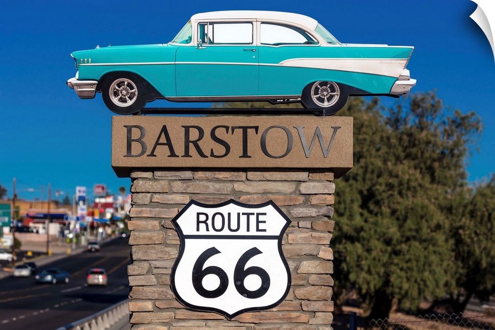 1957 chevy welcomes travelers to barstow california and old route 66.
