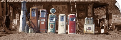 Abandoned fuel pumps in a row at a museum Gasoline Alley Museum Taos county New Mexico