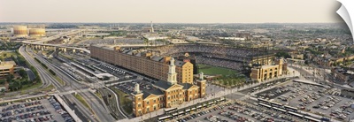Aerial view of a baseball stadium in a city, Oriole Park at Camden Yards, Baltimore, Maryland