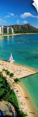 Aerial view of a beach, Diamond Head, Waikiki Beach, Oahu, Honolulu, Hawaii