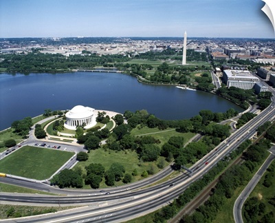 Aerial view of a building near a river, Jefferson Memorial, Washington DC