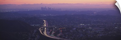Aerial view of a city at dusk looking towards Los Angeles, Glendale, California
