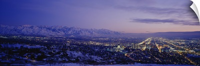 Aerial view of a city at dusk, Salt Lake City, Utah