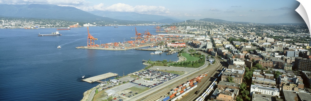 Aerial view of a harbor and buildings in a city, Vancouver, British Columbia, Canada