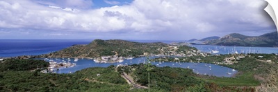 Aerial view of a harbor, English Harbour, Falmouth Bay, Antigua, Antigua and Barbuda