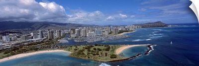 Aerial view of buildings at the waterfront, Ala Moana Beach Park, Waikiki Beach, Honolulu, Oahu, Hawaii