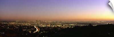 Aerial view of buildings in a city at dusk from Hollywood Hills, Hollywood, City of Los Angeles, California