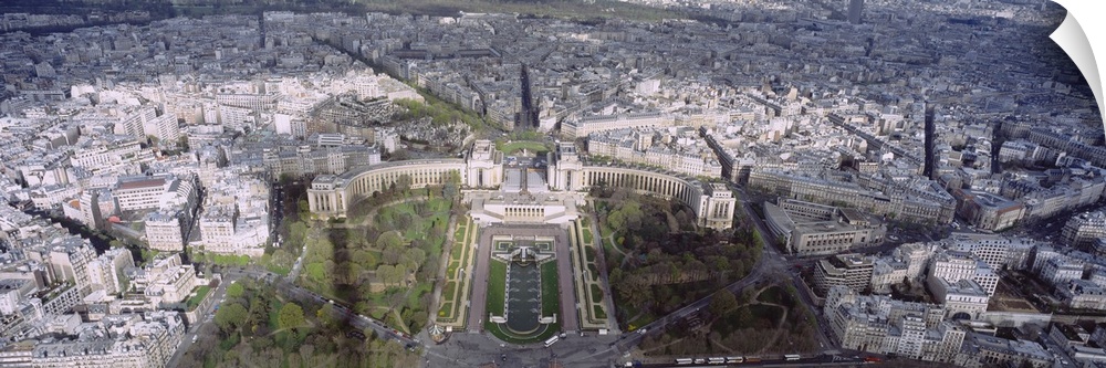 Aerial view of buildings in a city, Place du Trocadero, Paris, France