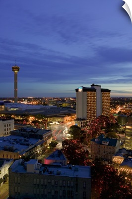 Aerial view of buildings lit up at dusk, San Antonio River Walk, San Antonio, Texas