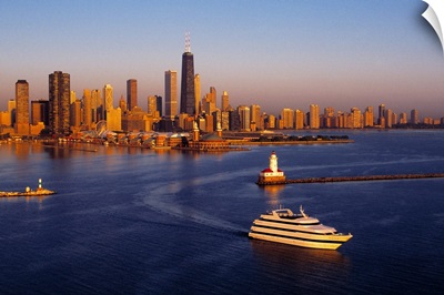 Aerial view of Chicago skyline at sunrise, Chicago, Cook County, Illinois