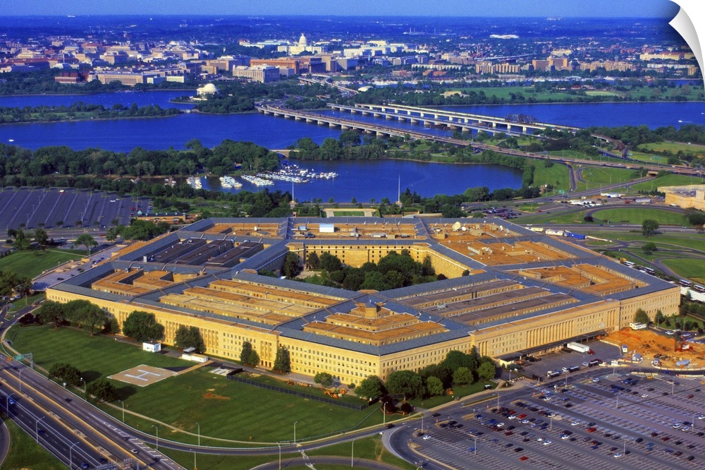 Aerial view of The Pentagon at dusk, Washington DC, USA
