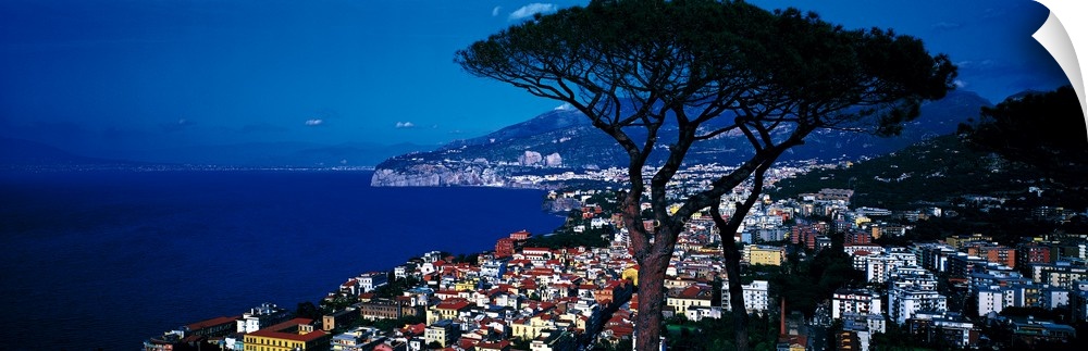 View from above of the city along the shore of the Amalfi coast in Positano, Italy.