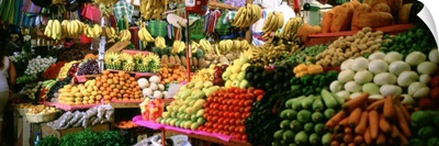 Assorted fruits and vegetables on a market stall, San Miguel De Allende, Guanajuato, Mexico