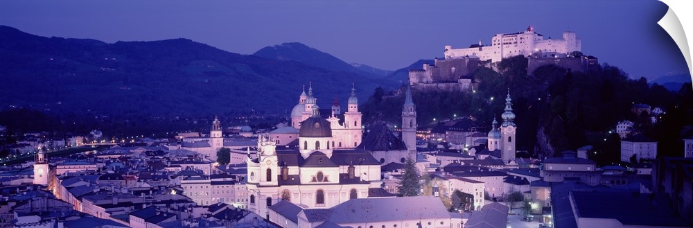 Austria, Salzburg, Panoramic view of the city in dusk