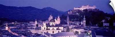 Austria, Salzburg, Panoramic view of the city in dusk
