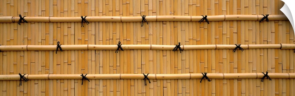 Oversized landscape photograph of a wall constructed entirely of golden bamboo rods and small ties in Kyoto, Japan.