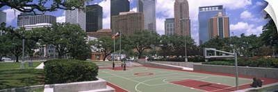 Basketball court with skyscrapers in the background, Houston, Texas, USA 2012