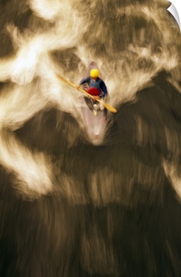 Birds-eye view of kayaker on Androscoggin River, blurred motion, New Hampshire