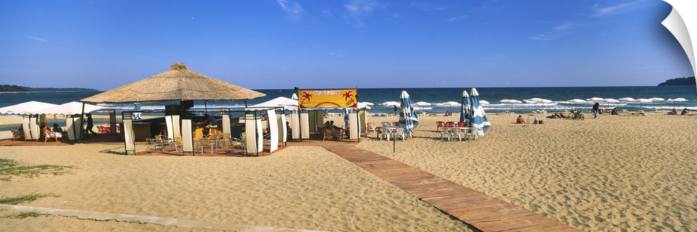 Boardwalk leading to a cafe on the beach, Black Sea, Varna, Bulgaria