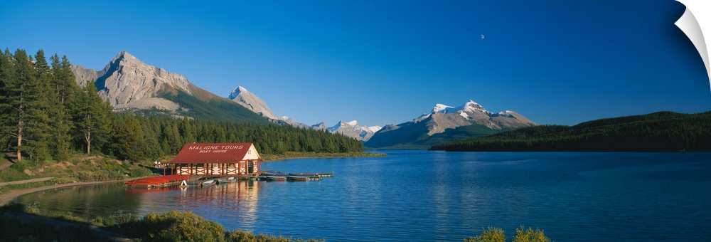 Boathouse on a lake, Maligne Lake, Jasper National Park, Alberta, Canada