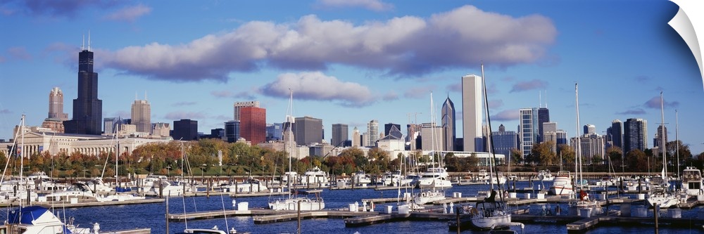 The Chicago skyline is a backdrop to a wide angle photograph taken of the harbor with several boats docked in the water.