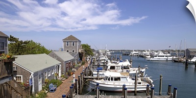 Boats moored at a harbor, Old South Wharf, Nantucket Anglers Club, Nantucket Harbor, Nantucket, Massachusetts