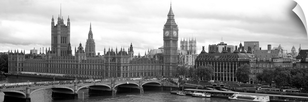 Panoramic photograph taken in Westminster focuses on Big Ben, the Houses of Parliament and the Westminster Bridge covering...