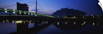 Bridge lit up at dusk, Scottish Exhibition & Conference Center, Glasgow, Scotland