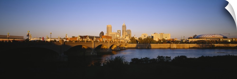 Bridge over a river with skyscrapers in the background, White River, Indianapolis, Indiana