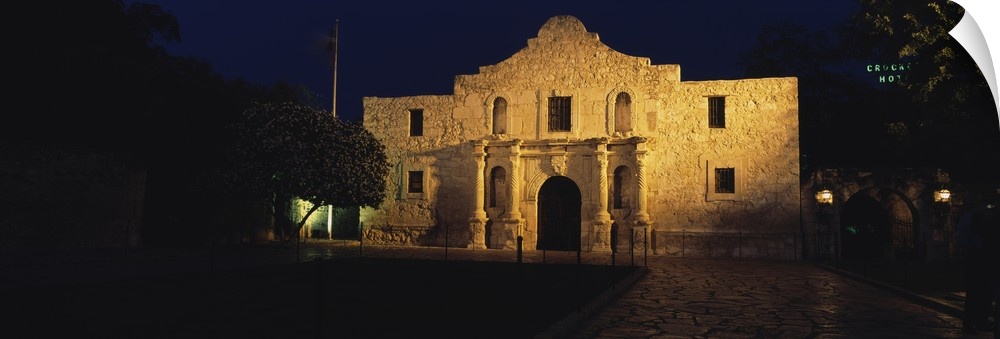 A night panorama of the Alamo in San Antonio Missions National Historical Park in Texas.