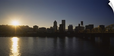Buildings along the waterfront at sunset, Willamette River, Portland, Oregon