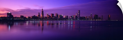 Buildings at the waterfront lit up at dusk, Sears Tower, Hancock Building, Lake Michigan, Chicago, Cook County, Illinois