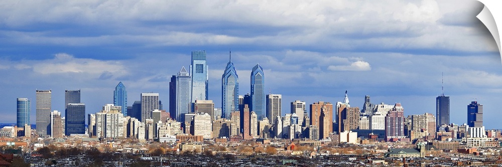 Large horizontal panoramic photograph of the Philadelphia, Pennsylvania (PA) skyline and surrounding areas.