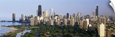 Buildings in a city, view of Hancock Building and Sears Tower, Lincoln Park, Lake Michigan, Chicago, Cook County, Illinois