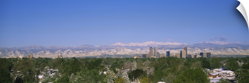The city of Denver is photographed from a distance over trees and homes. Mountains are pictured far off in the background.