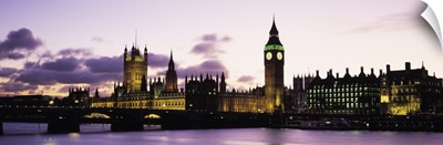 Buildings lit up at dusk, Big Ben, Houses of Parliament, Thames River, City Of Westminster, London, England
