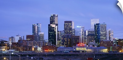 Buildings lit up at dusk, Denver, Colorado