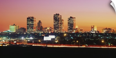 Buildings lit up at dusk, Fort Worth, Texas
